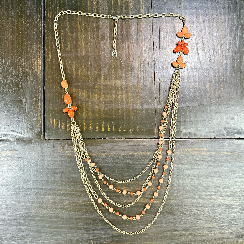 Multi -Chain Drop Sweater Necklace Gold Tone  w/ Faux Orange Coral Accents 30”